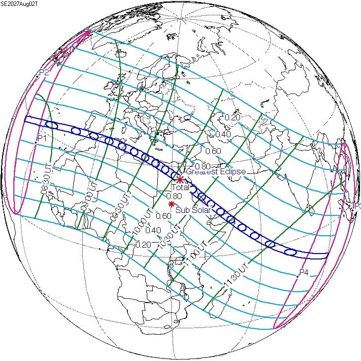 Map of the 2 August 2027 total solar eclipse: the path of totality crosses the Strait of Gibraltar, North Africa, Egypt and Saudi Arabia