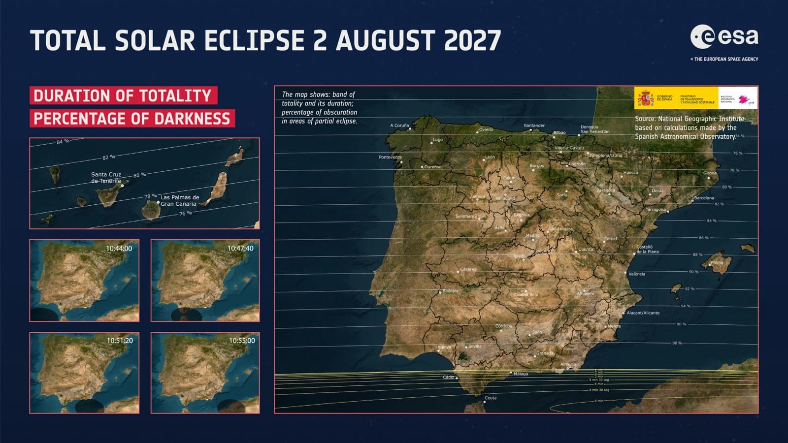 Map of southern Spain showing where the 2 August 2027 eclipse is total, including Cádiz, Málaga, Ceuta and Melilla