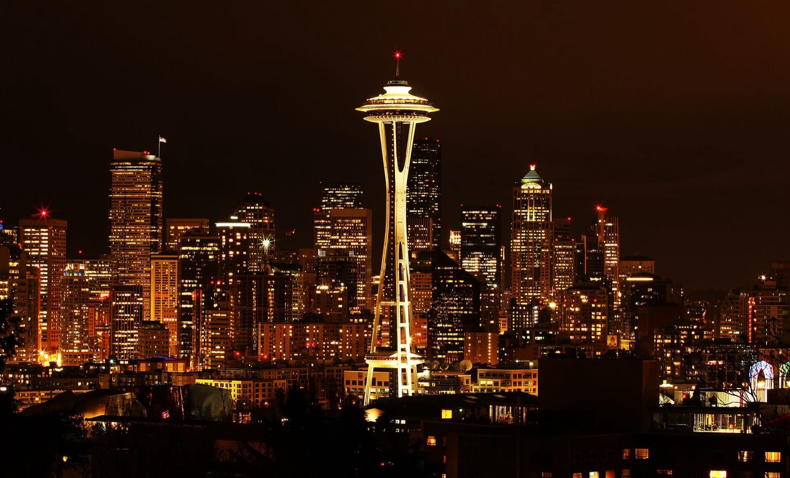 Downtown Seattle skyline at night with the Space Needle, seen from Kerry Park