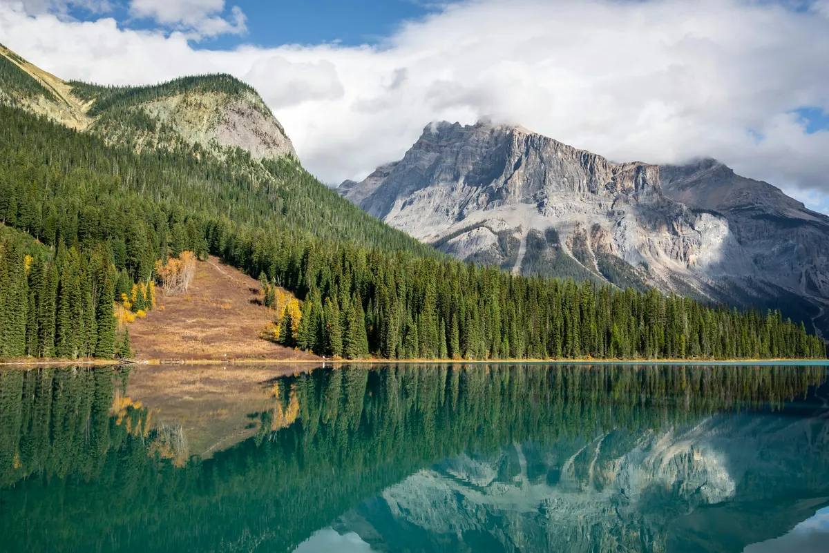 Le lac Emerald reflète les montagnes et la forêt du parc national Yoho au Canada
