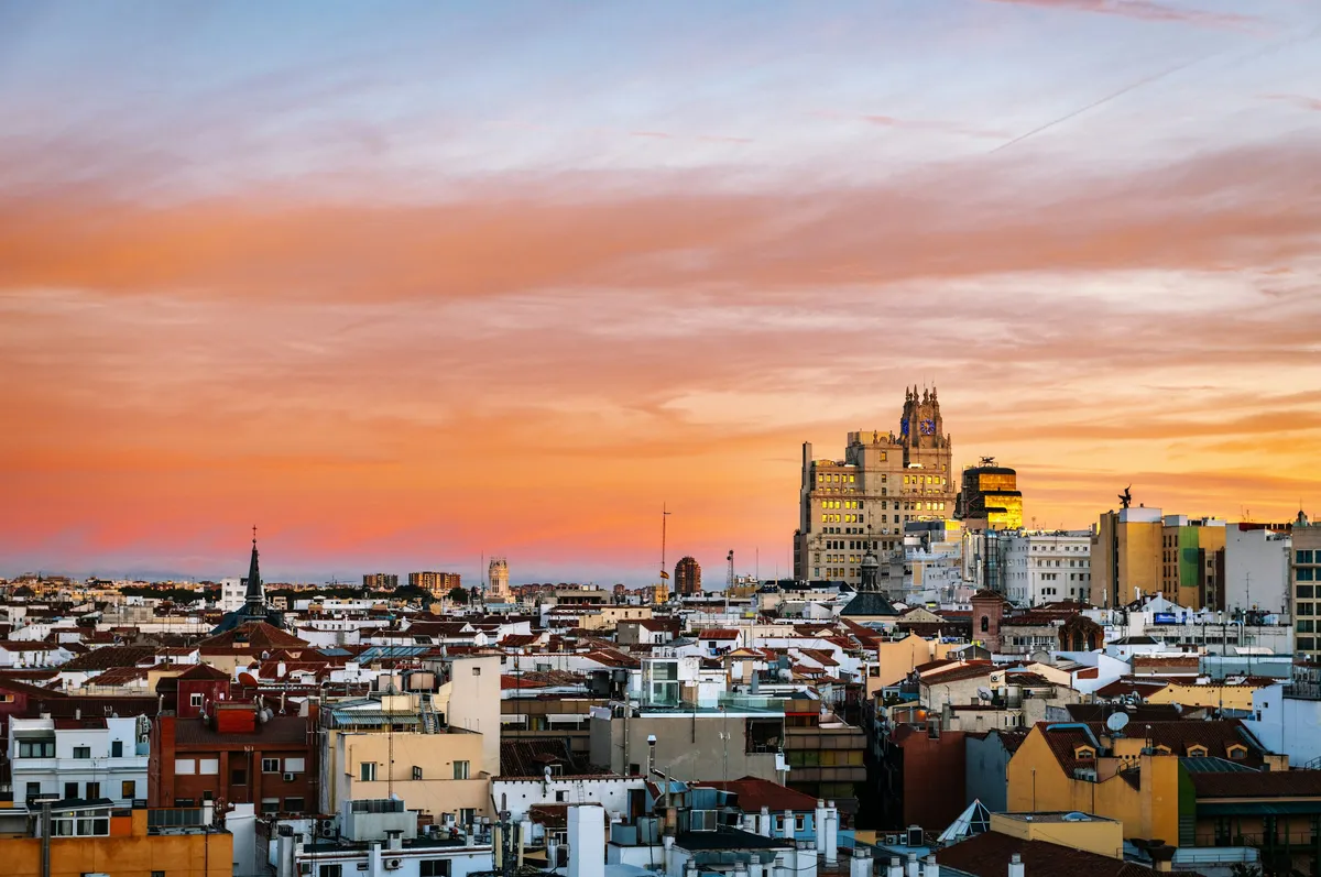 Madrid skyline and Gran Via at dusk