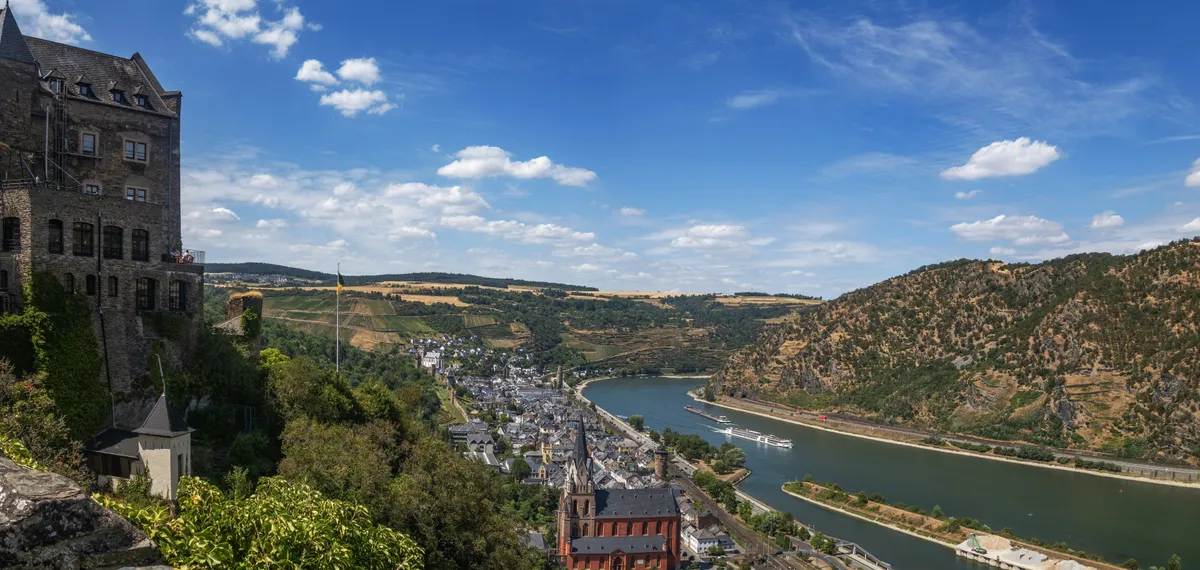 Oberwesel on the Middle Rhine in Germany, seen from the castle above the town, with the river and rail lines along both banks